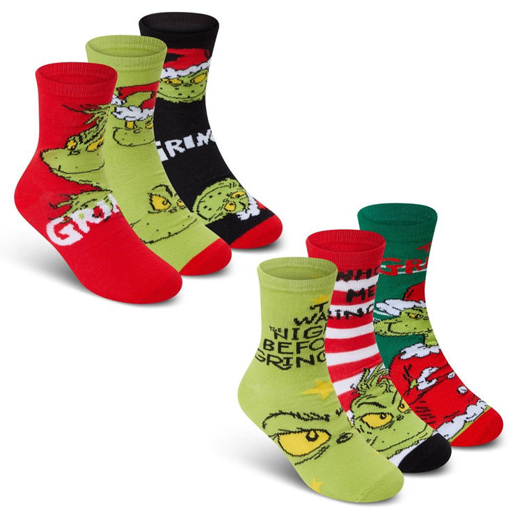 Picture of 42B858 CHILDREN 3 PACK COTTON CHRISTMAS GRINCH DESIGN SOCKS